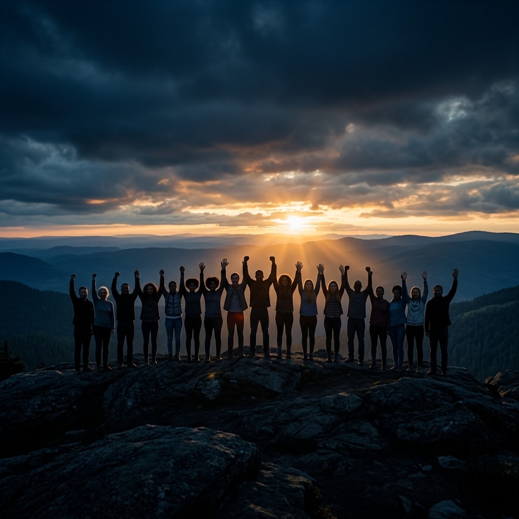 Diverse silhouettes of people standing together in solidarity at dawn — Feel Humanity